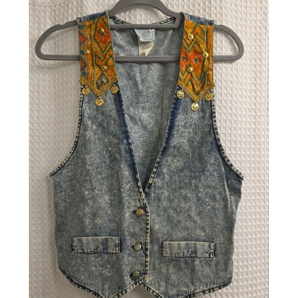 Denim‎ Vest USA Embroidered Bright Vintage 80s Petite Small